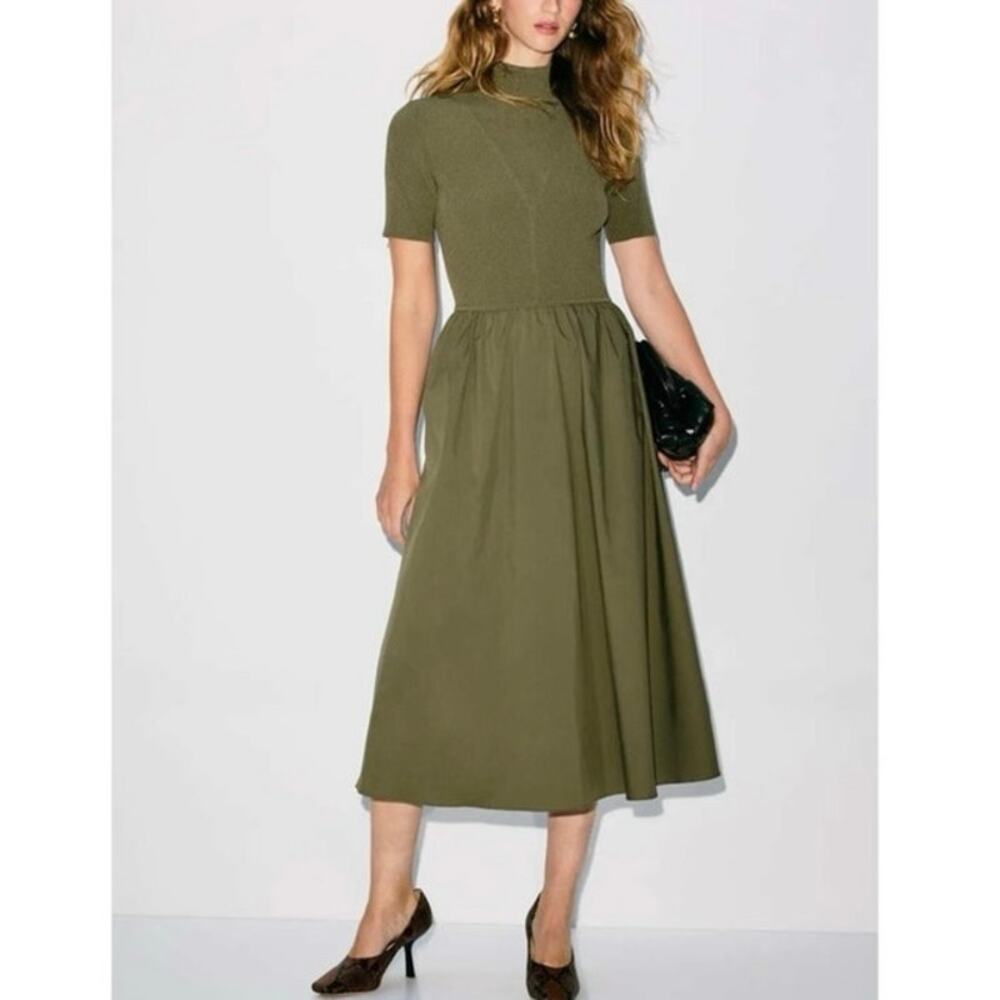 Tanya Taylor Teresa Knit Dress Olive Green Ribbed Poplin Midi
Womens XL